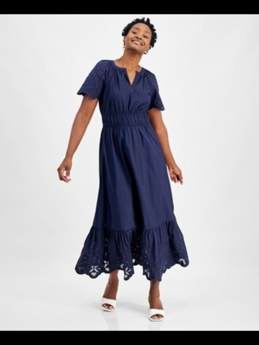 Women's Navy Eyelet Maxi Dress with Smocked Waist